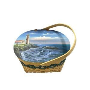 Wooden Woven Wicker Picnic Basket With Beautiful Hand Painted Sea Scape